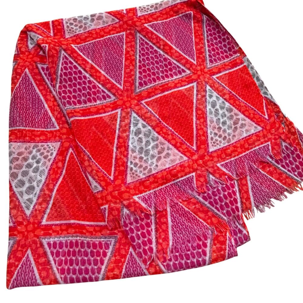 Light weight woven scarf wrap shawl soft pink & orange triangle print fringed